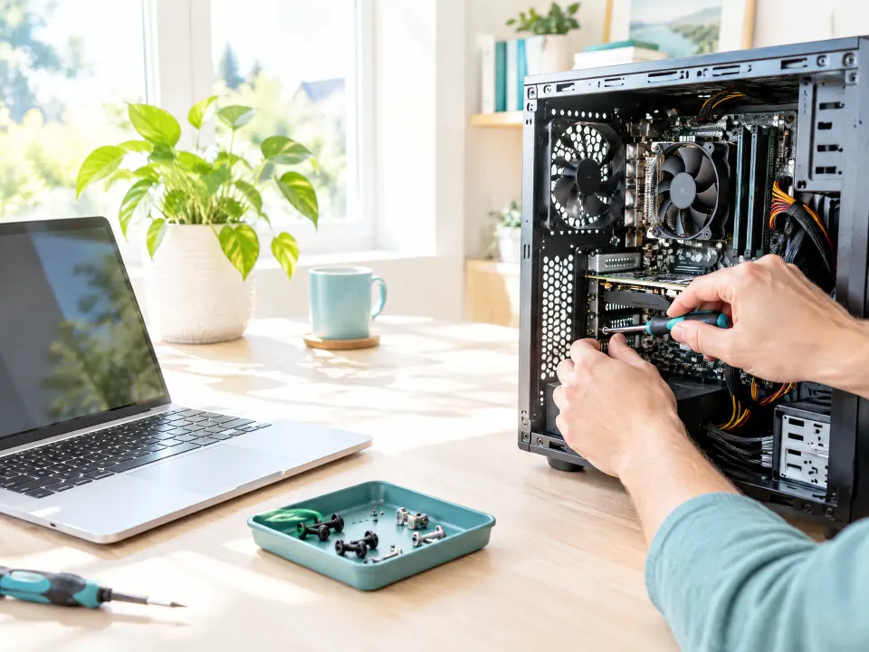 Technician repairing a desktop computer at a home office desk